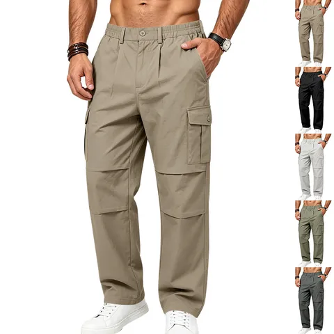 Men's American Utility Cargo Pants Multi-Pocket Straight Leg Casual Outdoor Work Trousers Polyester Twill Durable Fashion
