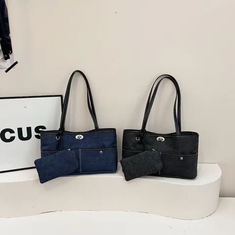 Γυναικεία Τσάντα Tote Denim Casual Patchwork Τσάντα Ώμου Με Κλείσιμο Περιστροφής Μεγάλη χωρητικότητα Τσάντα Χεριού Με Θήκη