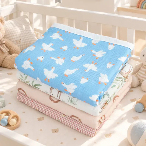 Newborn Baby Blanket Pure Cotton Double Layer Gauze Thickened Infant Swaddle Quilt Cute Cartoon Print Bedding