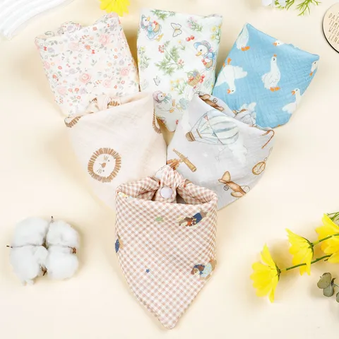 Newborn Baby Cotton Bibs Cute Cartoon Animal Floral Printed Double Layer Crepe Triangular Saliva Towel Infant Feeding Bib