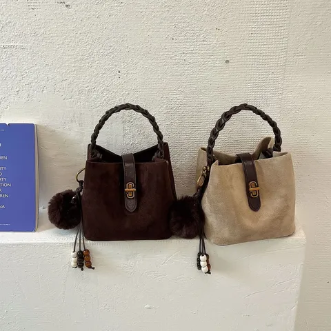 Koreanisch Vintage Wildleder Eimertasche Damen Pendler Handtasche Einifarbig Schloss Umhängetasche Lässig Henkeltasche