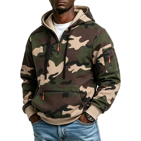 Herren Schwere Taktische Tarnung Fleece Gefütterte Kapuzenpullover Outdoor Sport Viertel Reißverschluss Cargotasche Sweatshirt Top