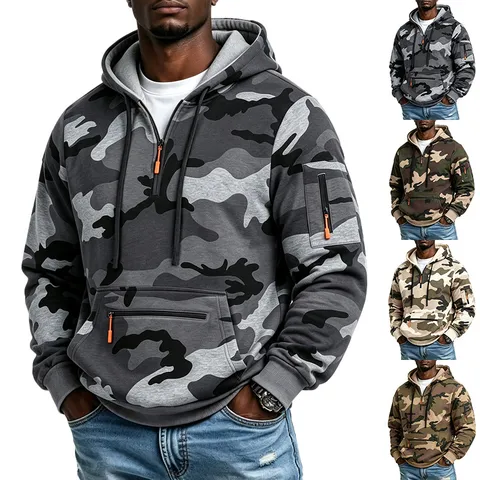 Herren Schwere Taktische Tarnung Fleece Gefütterte Kapuzenpullover Outdoor Sport Viertel Reißverschluss Cargotasche Sweatshirt Top