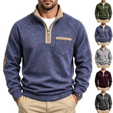 Men 1/4 Zip Stand Collar Sweatshirt Casual Color Block Cationic Fleece Pullover Loose Long Sleeve Top Gym Sport Urban Fashion