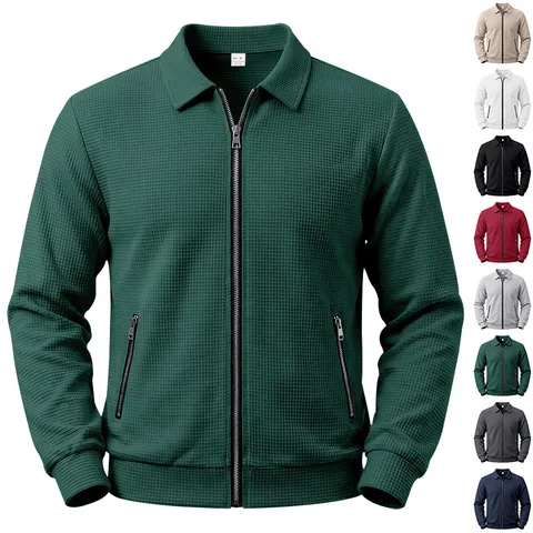 Men Waffle Texture Full Zip Jacket Lapel Long Sleeve Loose Fit Casual Sports Outerwear Coat Fall Winter Heavyweight Polyester Windbreaker
