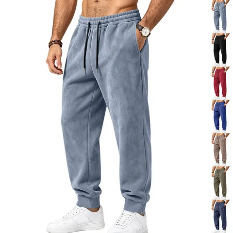 Pantalones de Jogging Deportivos de Gamuza Casual para Hombre Corte Holgado Color Sólido Pantalones de Chándal con Cordón
