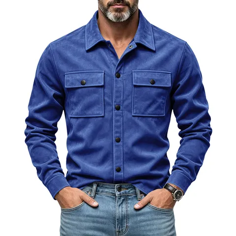 Veste Workwear en Daim pour Hommes Col Rabattu Simple Boutonnage Manches Longues Manteau Casual Top Minimaliste