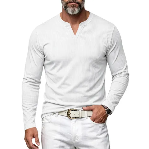 Herren Herbst Winter Heavy Geripptes Henley V-Ausschnitt Langarm T-Shirt Retro Einfach Elastisch Strick Slim Fit Top