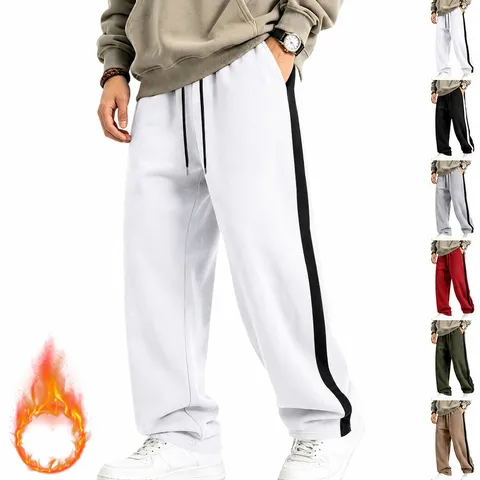 Pantalon de Survêtement en Polaire pour Hommes à Rayures Latérales Cordon de Serrage Jambe Droite Ample Chaud Hiver Bas Décontracté