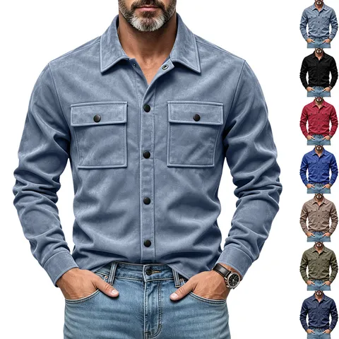 Veste Workwear en Daim pour Hommes Col Rabattu Simple Boutonnage Manches Longues Manteau Casual Top Minimaliste