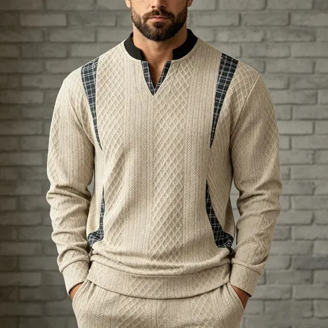 Heren Casual V-hals Kleurblok Geruit Patchwork Pullover Sweatshirt Mode Gebreide Top Met Lange Mouwen Voor De Herfst