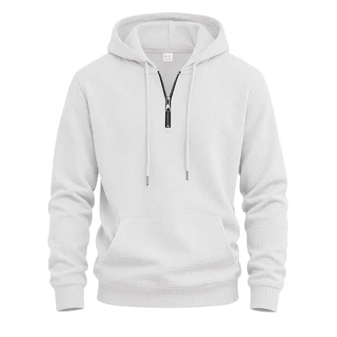 Sweat à Capuche Homme Texture Gaufre Demi-zip Streetwear Large Haut Décontracté Couleur Unie Sweat en Polyester Pour Automne Hiver