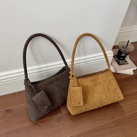 Vintage PU Suede Shoulder Bag For Women Retro Commuter Tote Bag With Mini Pouch Pendant Stylish Minimalist Daily Handbag