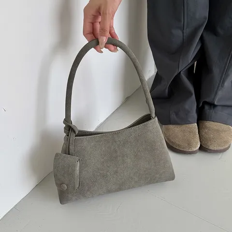 Vintage PU Suede Shoulder Bag For Women Retro Commuter Tote Bag With Mini Pouch Pendant Stylish Minimalist Daily Handbag