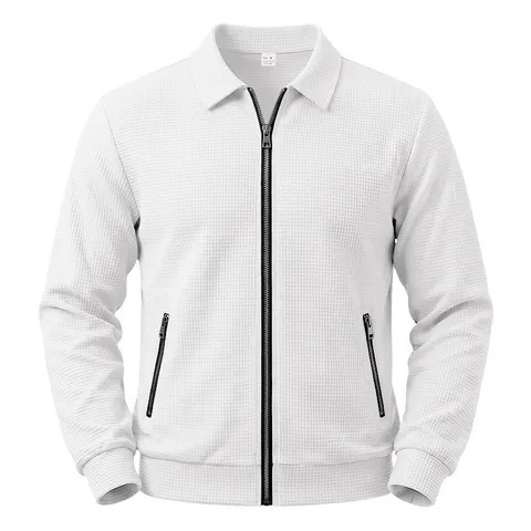 Men Waffle Texture Full Zip Jacket Lapel Long Sleeve Loose Fit Casual Sports Outerwear Coat Fall Winter Heavyweight Polyester Windbreaker