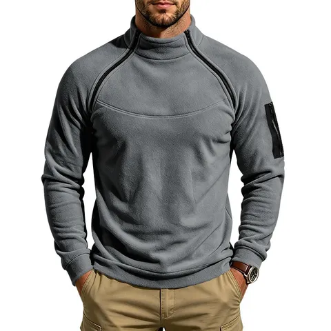 Men Polar Fleece Stand Collar Sweatshirt Casual Raglan Sleeve Pullover Top With Side Zippers And Sleeve Pocket Warm Solid