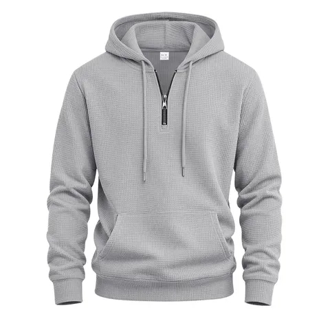 Sweat-shirt à Capuche en Tricot Gauffré pour Hommes Décontracté Quart de Zip Couleur Unie Avec Cordon de Serrage Poche Kangourou Doublé Polaire Manches Longues