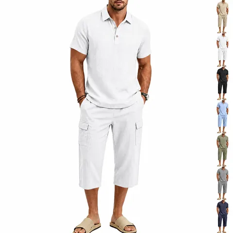Men Summer Linen Cargo Top And Bottom Loose Short Sleeve Polo Shirt And Pocket Shorts Breathable Casual Outfit For Outdoor