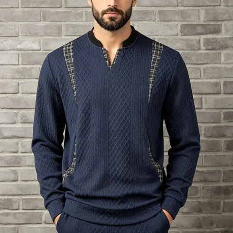 Heren Casual V-hals Kleurblok Geruit Patchwork Pullover Sweatshirt Mode Gebreide Top Met Lange Mouwen Voor De Herfst