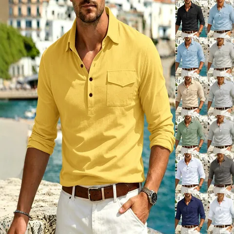 Camicia da Uomo in Lino Casual Manica Lunga Tasca Rever Pullover Stile Polo Tinta Unita Traspirante Tessuto Top per Spiaggia Vacanza Quotidiano