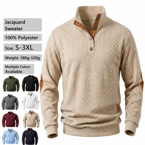 Herren Vintage Jacquard Henley Sweatshirt Patchwork Langarm Top Schwergewicht Retro Lässig Pullover Kontrast Ellbogen Patch