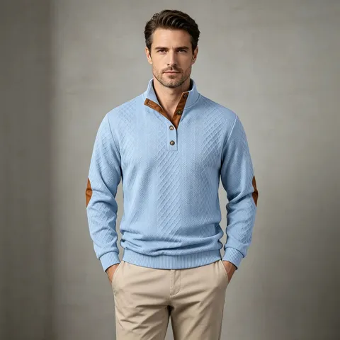 Herren Vintage Jacquard Henley Sweatshirt Patchwork Langarm Top Schwergewicht Retro Lässig Pullover Kontrast Ellbogen Patch