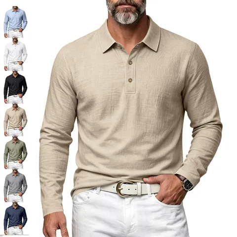 Men Casual Langarm Polo Shirt Leinentextur Revers Drei Knöpfe Henley Shirt Mode Einfarbig Atmungsaktiv Top