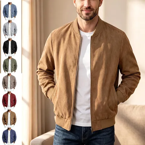 Men Casual Suede Flight Bomber Jacket Stand Collar Zipper Solid Color Outerwear For Autumn Winter Plus Size Fashion Jacket