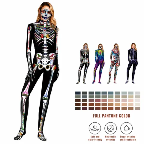 Damen Halloween Tag Der Toten Jumpsuit 3D Digital Bunt Blumen Skelett Knochen Druck Schlanke Passform Langarm Bodysuit Cosplay Party Kostüm