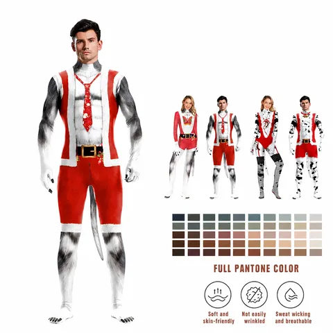 Unisex Christmas 3D Digital Print Jumpsuit Novelty Animal Fur Santa Claus Cosplay Costume Slim Fit Stretchy Party Bodysuit