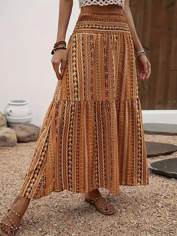 Women's Bohemian Elastic Waist Maxi Skirt Polyester Tiered Floral Printed Long Skirt Vintage Boho Casual Beach Vacation Bottom