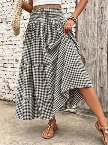 Women Gingham Plaid Tiered Maxi Skirt Elastic High Waist A-Line Layered Long Skirt Elegant Vacation Casual Skirt Bottom