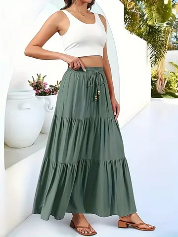 Women High Waist Tiered Maxi Skirt Boho Vacation Drawstring Long Skirt Solid Color Polyester Beachwear Summer Casual Skirts