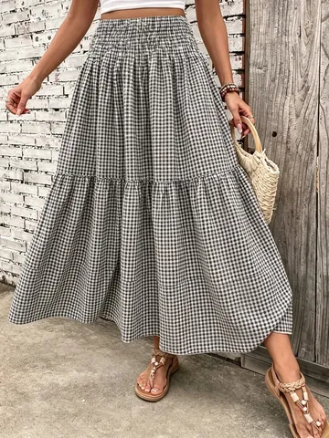 Women Gingham Plaid Tiered Maxi Skirt Elastic High Waist A-Line Layered Long Skirt Elegant Vacation Casual Skirt Bottom