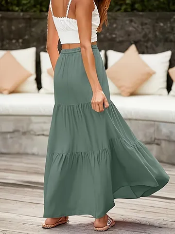 Women High Waist Tiered Maxi Skirt Boho Vacation Drawstring Long Skirt Solid Color Polyester Beachwear Summer Casual Skirts