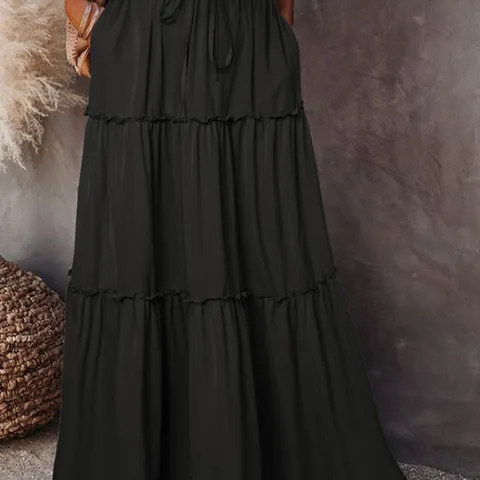 Dames Hoge Taille Gelaagde Roffelrok Boho Effen Kleur Lettuce Trim Gelaagde A-Lijn Maxi Rok Casual Zomer Rok