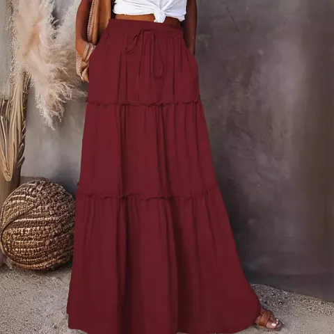 Dames Hoge Taille Gelaagde Roffelrok Boho Effen Kleur Lettuce Trim Gelaagde A-Lijn Maxi Rok Casual Zomer Rok