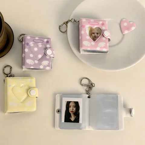 Ins Style Angel Wings Polka Dot Heart Hollow Mini Photo Album Keychain PVC Photocard Storage Book Small Binder For Girls