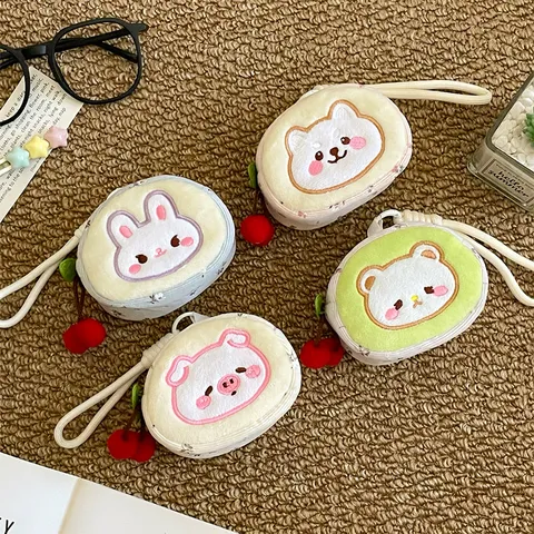 Monedero de Felpa de Animal de Dibujos Animados Lindo Colgante de Cereza Cremallera Mini Bolsa Cartera para Mujeres Niños