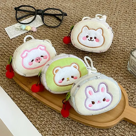 Monedero de Felpa de Animal de Dibujos Animados Lindo Colgante de Cereza Cremallera Mini Bolsa Cartera para Mujeres Niños