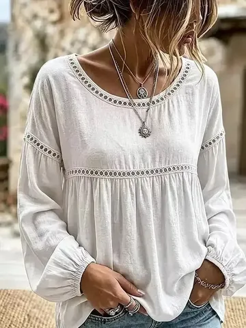 Dames Elegante Katoen Linnen Blouse Ronde Hals Lange Lantaarnmouwen Opengewerkt Borduurwerk Effen Kleur Casual Losse Top