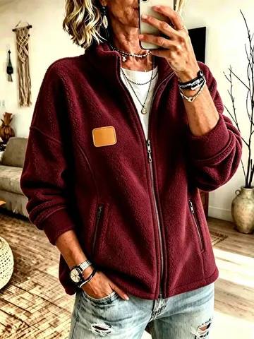 Women's Casual Loose Fleece Jacket Stand Collar Full Zip Long Sleeve Solid Color Warm Top With Pockets Leather Patch