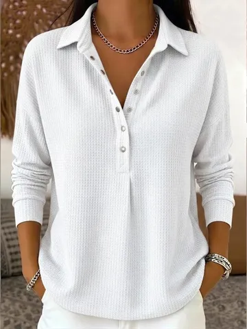 Γυναικείο Μακρυμάνικο T-Shirt με Ύφανση Βάφλας Casual Λαιμόκοψη V Henley Top Μονόχρωμο Πλεκτό Πουκάμισο Μόδα Streetwear Κομψή Μπλούζα για Γυναίκες