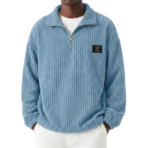 Men Casual Retro Corduroy Sweatshirt Embroidered Half Zip Stand Collar Long Sleeve Pullover Winter Warm Loose Top