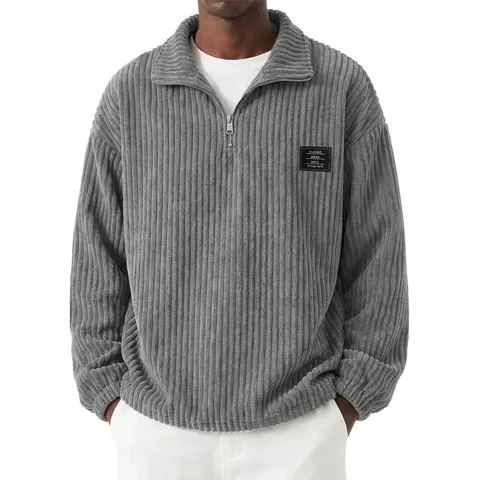 Men Casual Retro Corduroy Sweatshirt Embroidered Half Zip Stand Collar Long Sleeve Pullover Winter Warm Loose Top