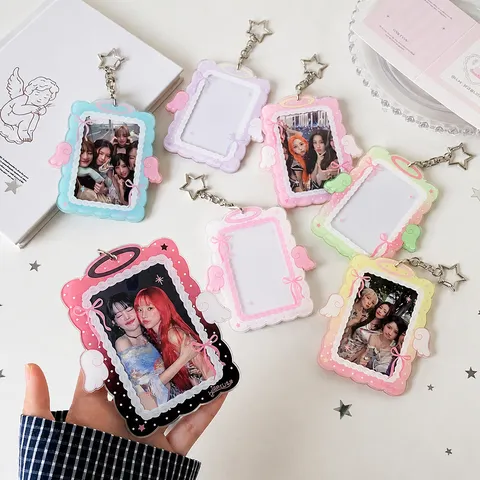 Angel Wings Acrylic Photocard Holder Three Inch Polaroid Photo Storage Protective Sleeve Keychain For Idol Cards Star Pendant
