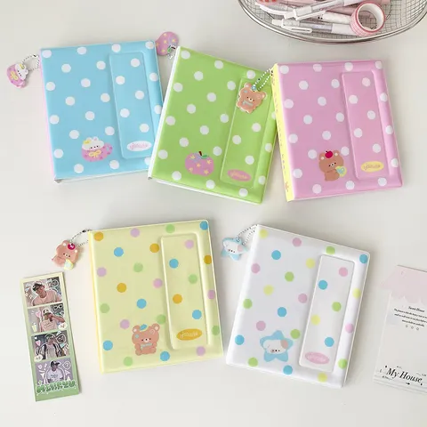 Korean Polka Dot 5 Inch Photo Album K-Pop Star Chasing Card Holder PVC Storage Book With Bear Charm For Photos Stamps Memory Gift