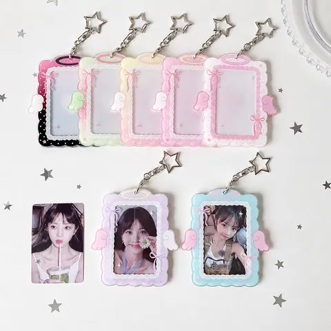 Angel Wings Acrylic Photocard Holder Three Inch Polaroid Photo Storage Protective Sleeve Keychain For Idol Cards Star Pendant