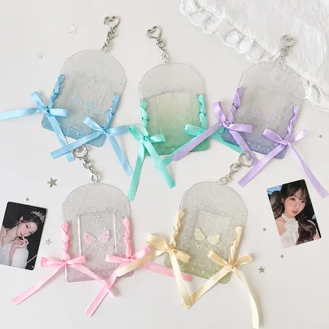 PVC K-pop Photo Card Holder 3 Inch Ribbon Bow Star Protector With Heart Keychain For Idol Cards Polaroids Photo Storage Girls Gifts