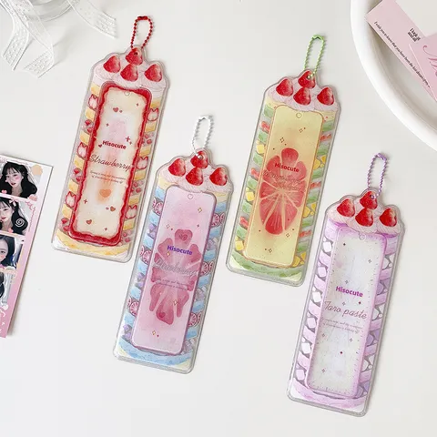 Ins Style Θήκη Φωτοκάρτας Τεσσάρων Θέσεων PVC Διαφανές Χιονονιφάδα Προστατευτικό Κάρτας Αστέρι Θήκη Κάρτας Κέικ Φράουλα Με Αλυσίδα